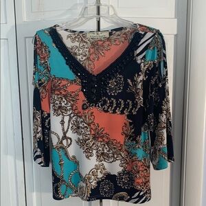 R Cinco Ranch Multi-colored V-neck 3/4 Sleeve Graphic Blouse